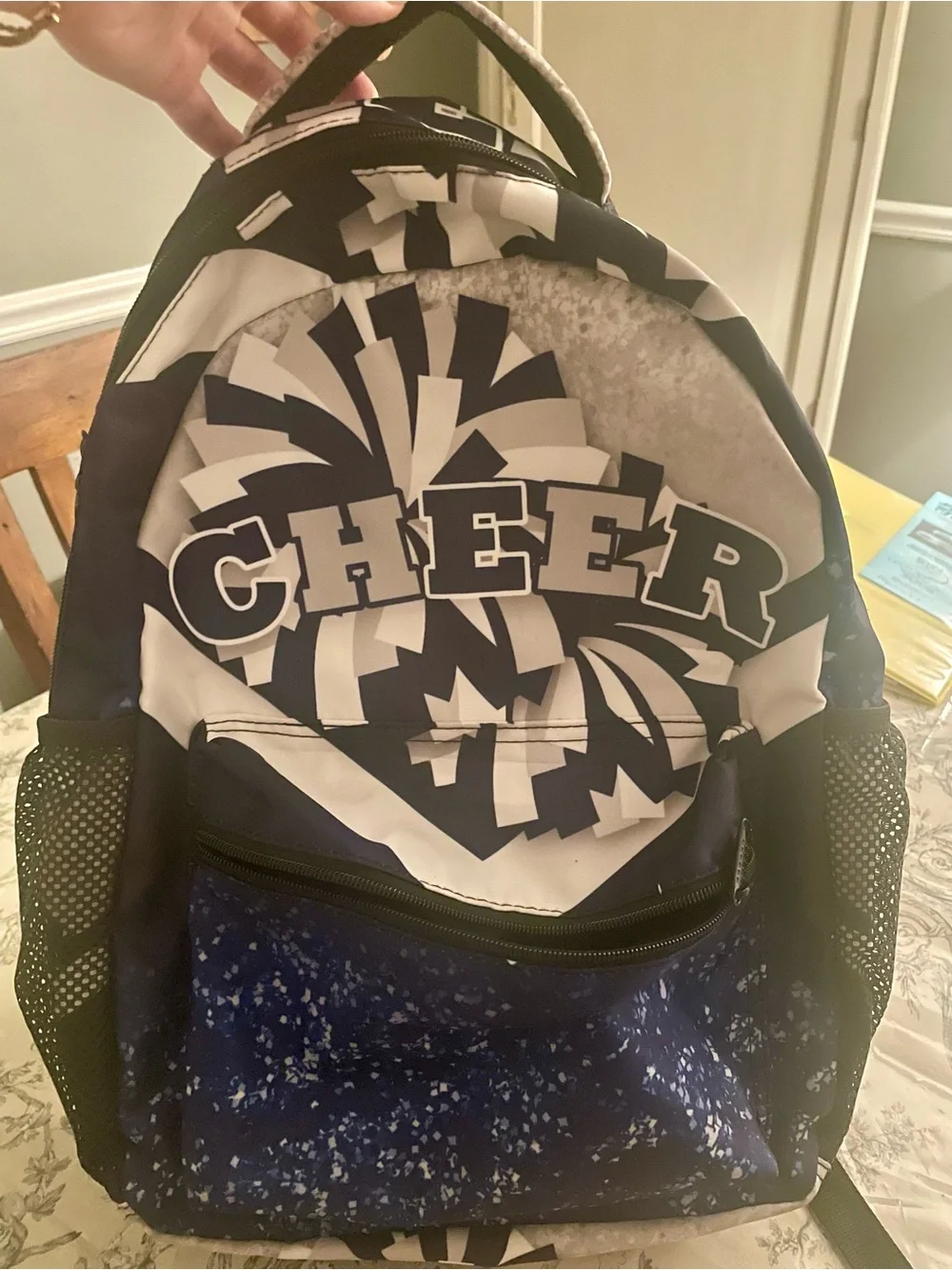 Girls “Cheer” Graphic Navy and White Backpack